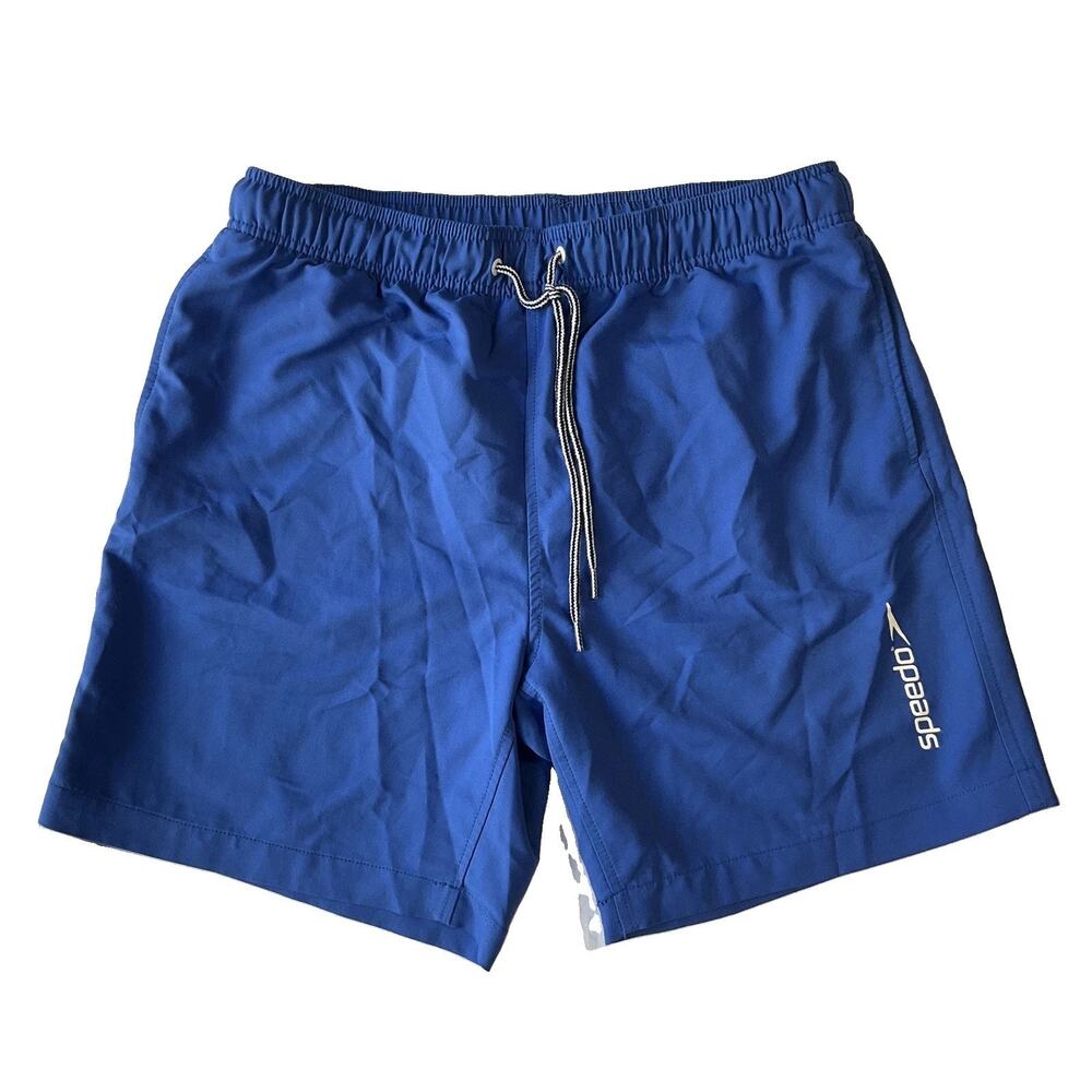Speedo Men Swimwear L Blue Swim Trunks Logo Drawstring 7" Inseam Lined Pockets